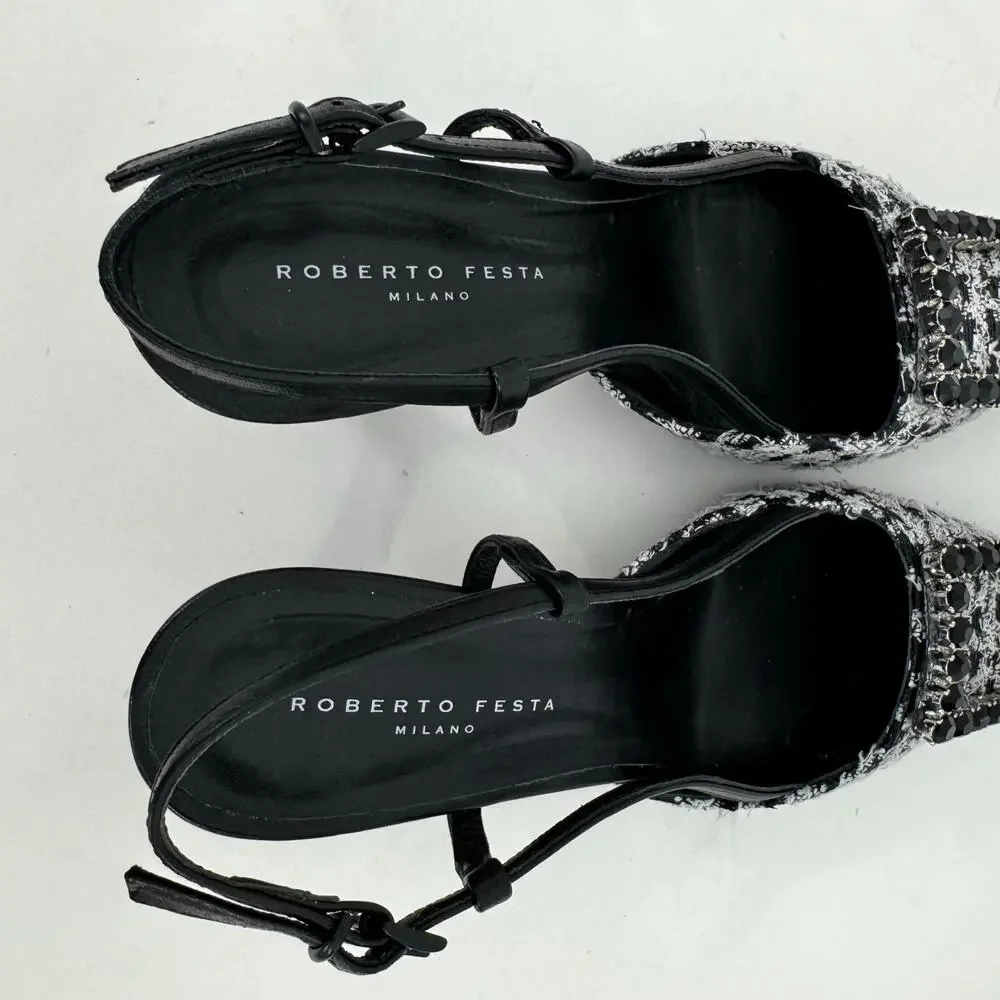 Roberto Festa Atena Slingback Pumps Embellished Buckle Houndstooth 39.5 (US9.5)